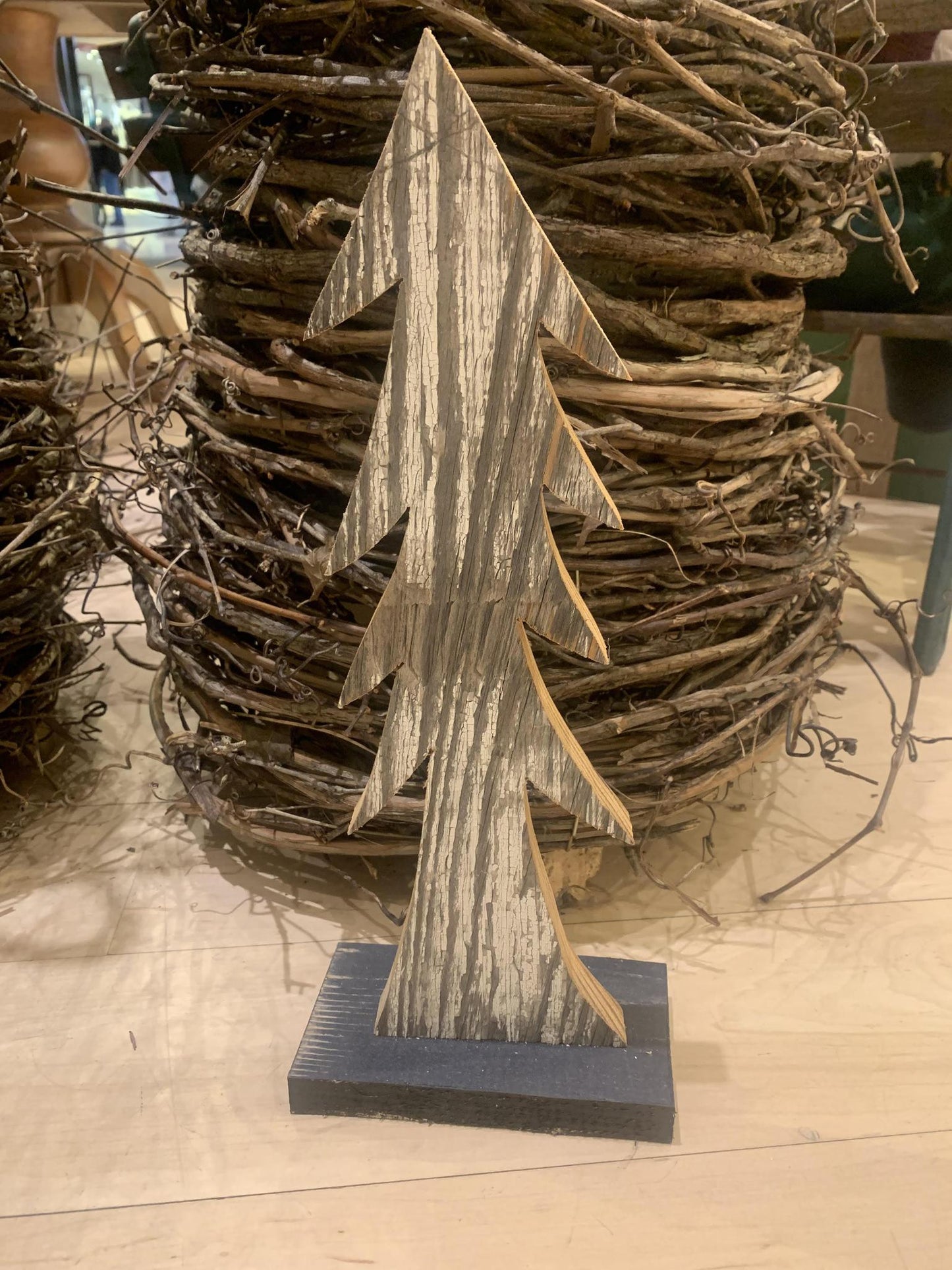 Barn Wood Tree On Wood Base - White