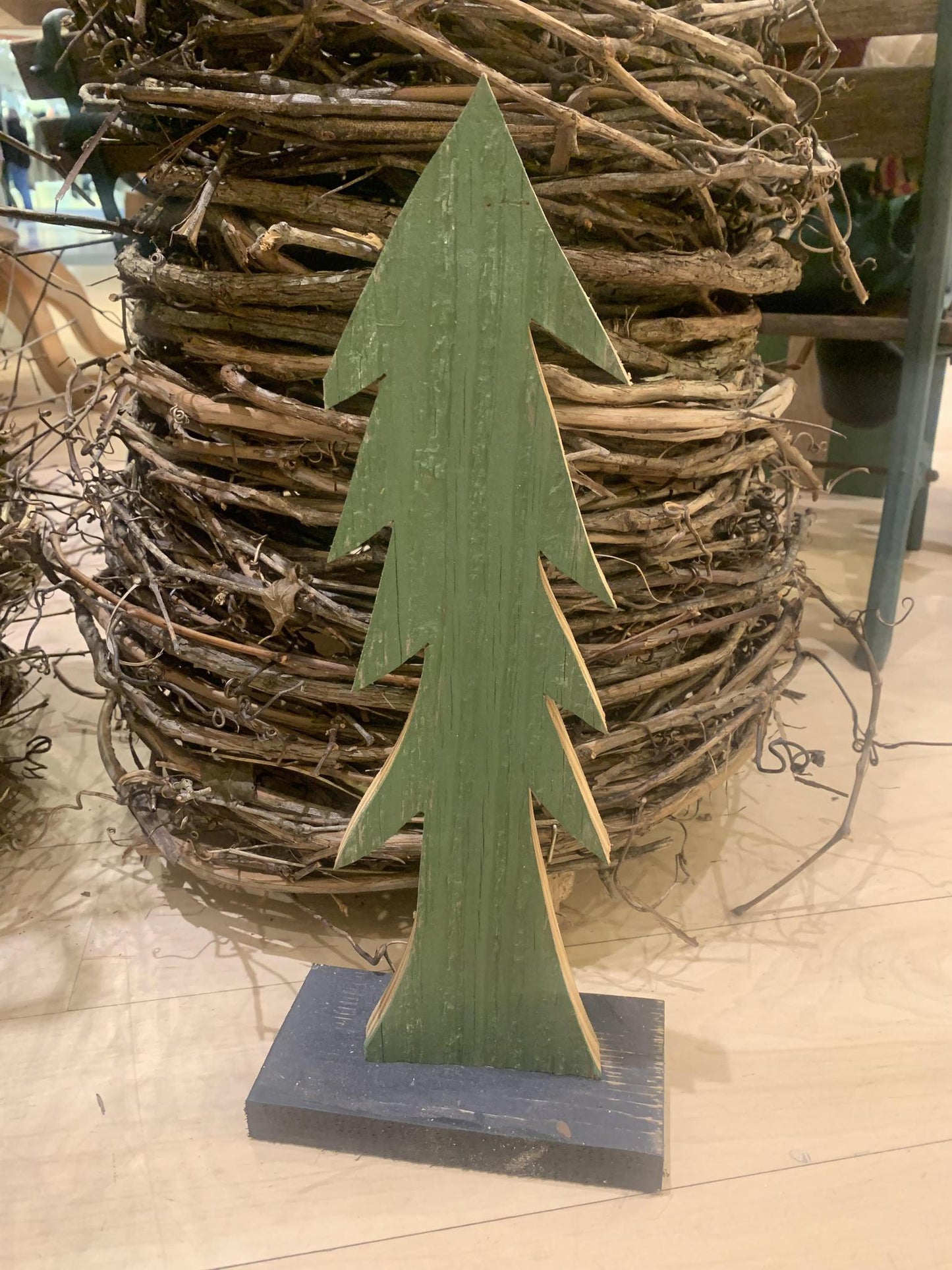 Barn Wood Tree On Wood Base - Green