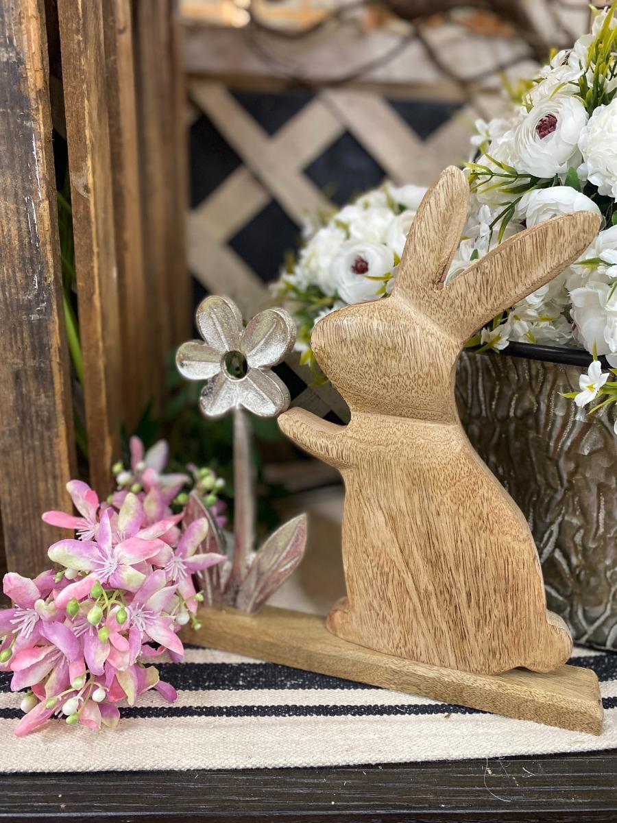 Natural Wooden Bunny With Metal Flower