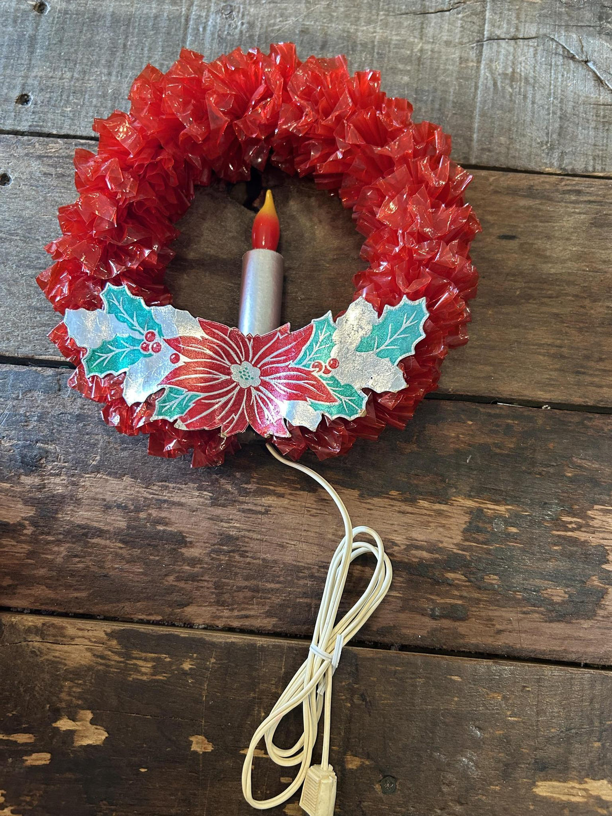Vintage Mid Century Electric Red Cellophane Christmas Window Wreath