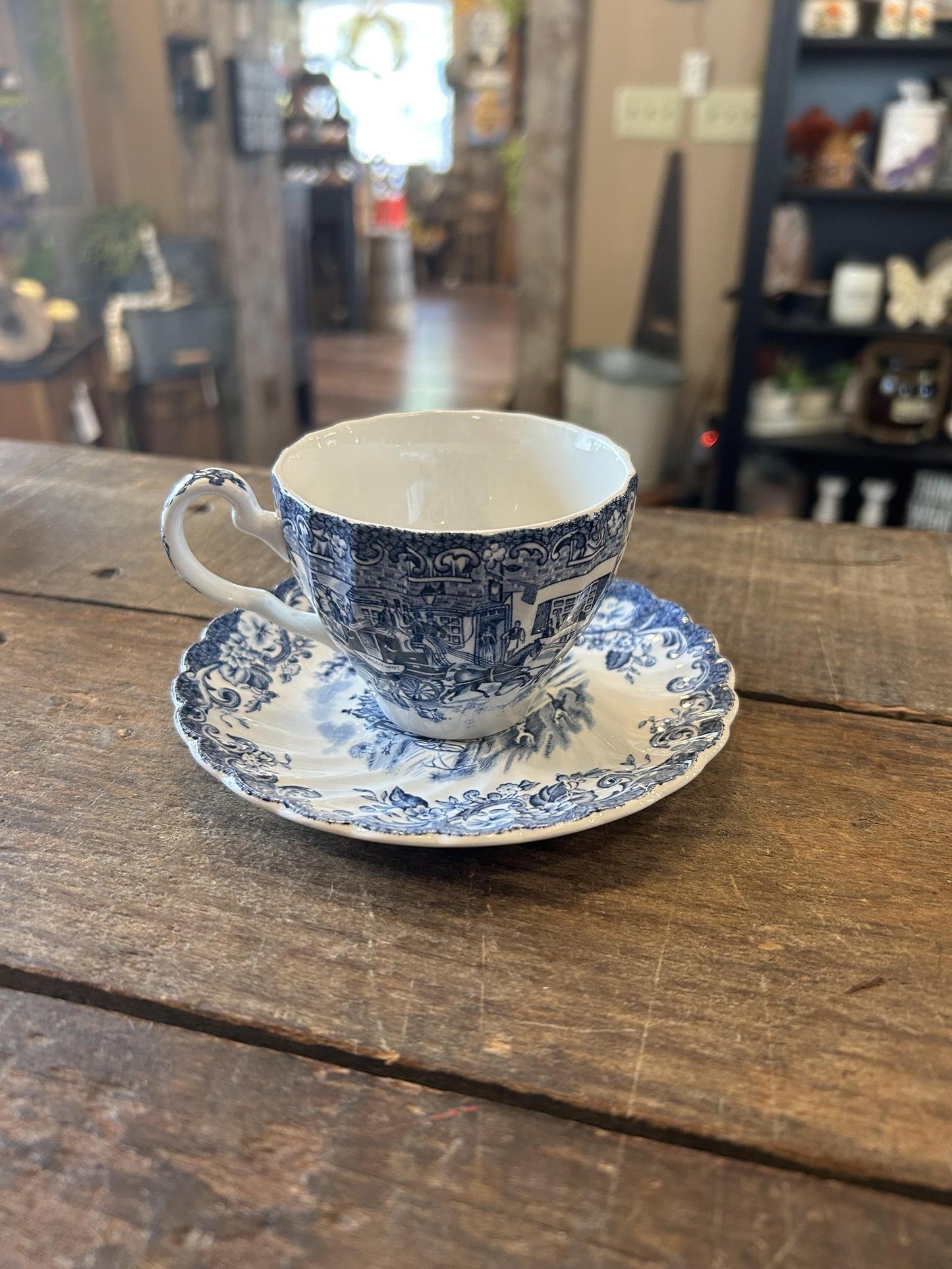 Vintage Johnson Brothers Coaching Scenes Tea Cup & Saucer – Blue & White Transferware
