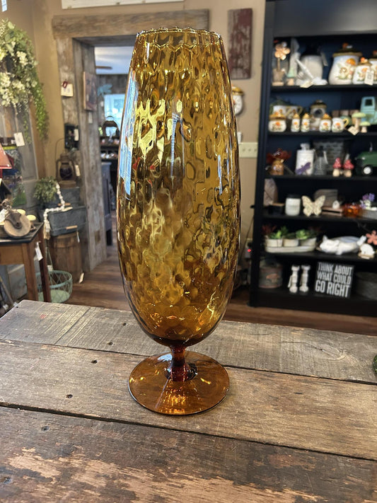 Vintage Mid-Century Amber Art Glass Pedestal Vase – Thumbprint Optic Pattern