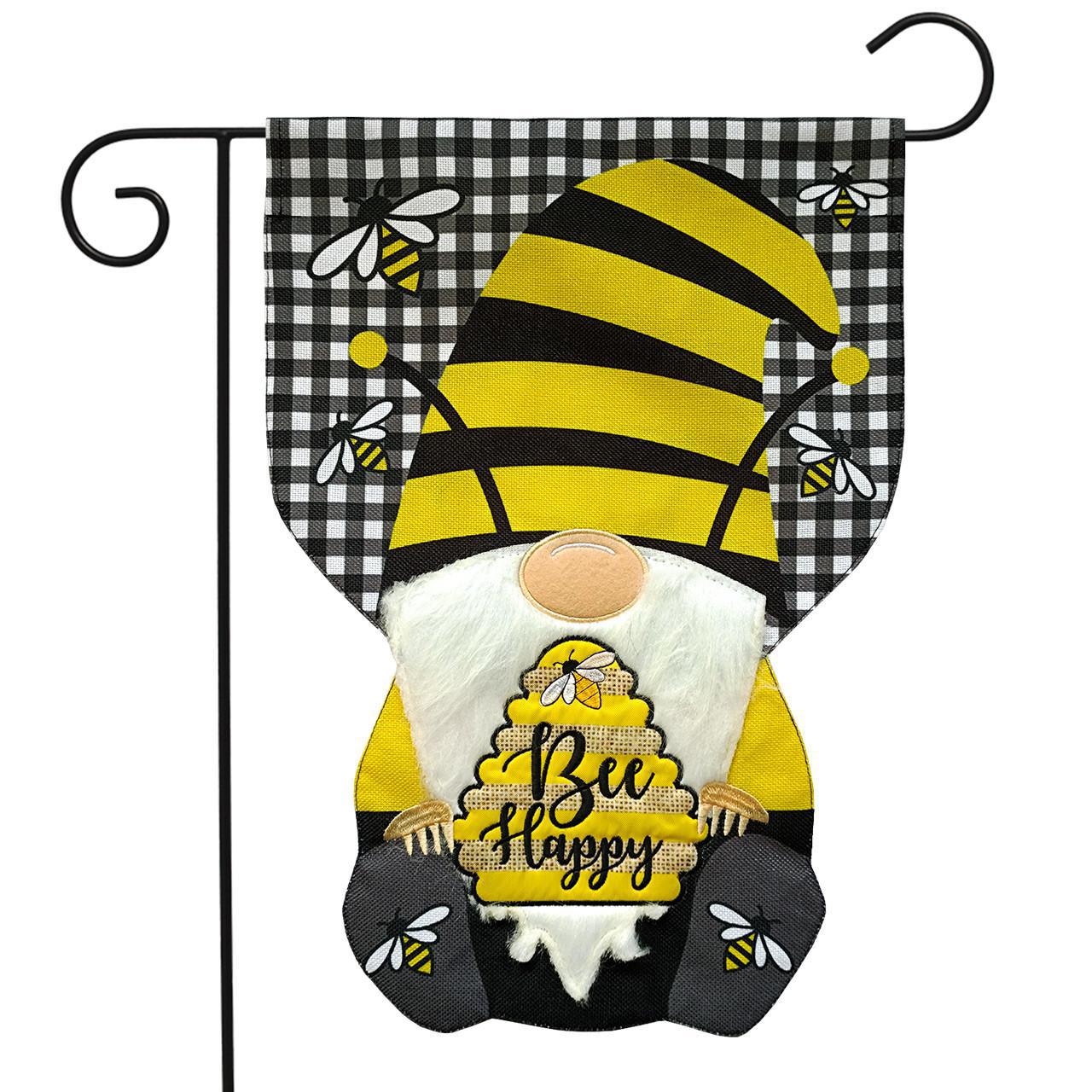 Garden Flag - Bee Happy Gnome Burlap