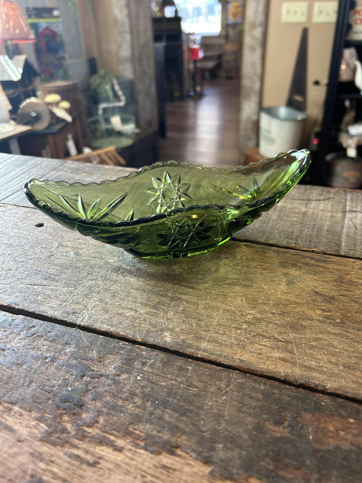 Anchor Hocking Green Pressed Glass Banana Boat