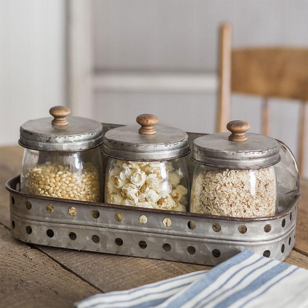 Three Glass Canister Set In Metal Tray